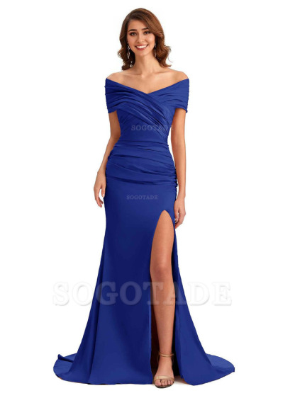 Sexy Off The Shoulder Side Slit Mermaid Satin Unique Long Formal Wedding Guest Dresses
