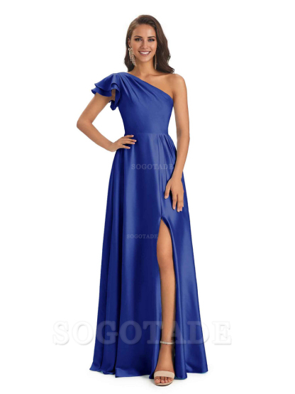 A-Line One Shoulder Ladies Long Bridesmaid Dresses Soft Satin Side Slit Elegant Evening Party Dress