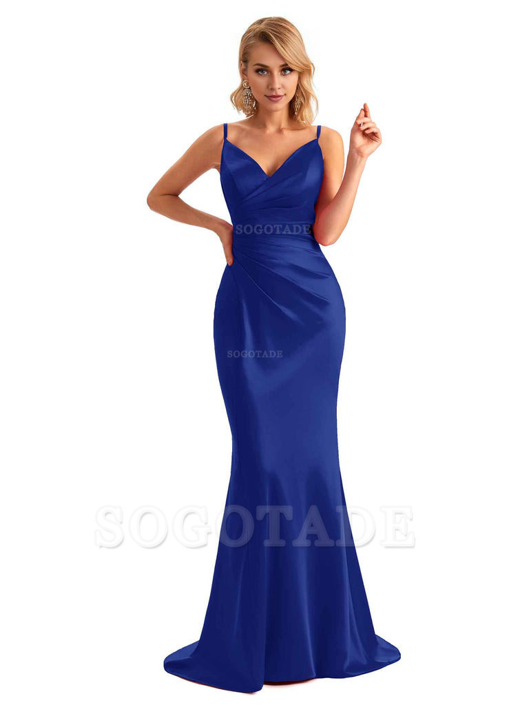  Sexy Backless Mermaid Spaghetti Straps Unique Long Formal Satin Dress For Women