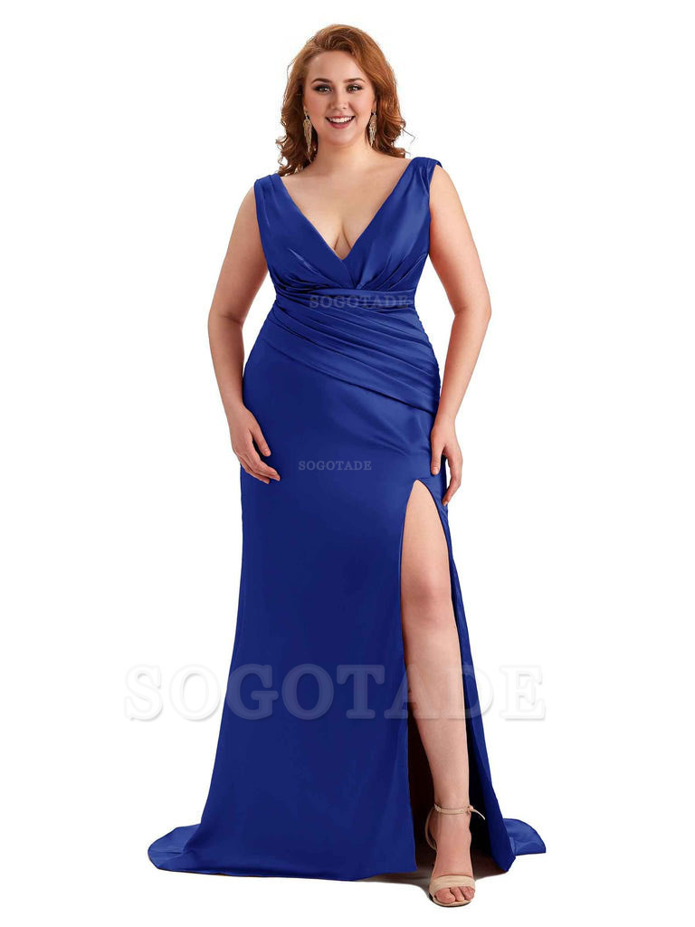 Elegant V-neck Side Slit Mermaid Soft Satin Long Plus Size Bridesmaid Dress For Wedding