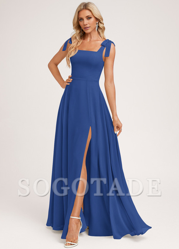 A-shaped square bow landing chiffon bridesmaid dress