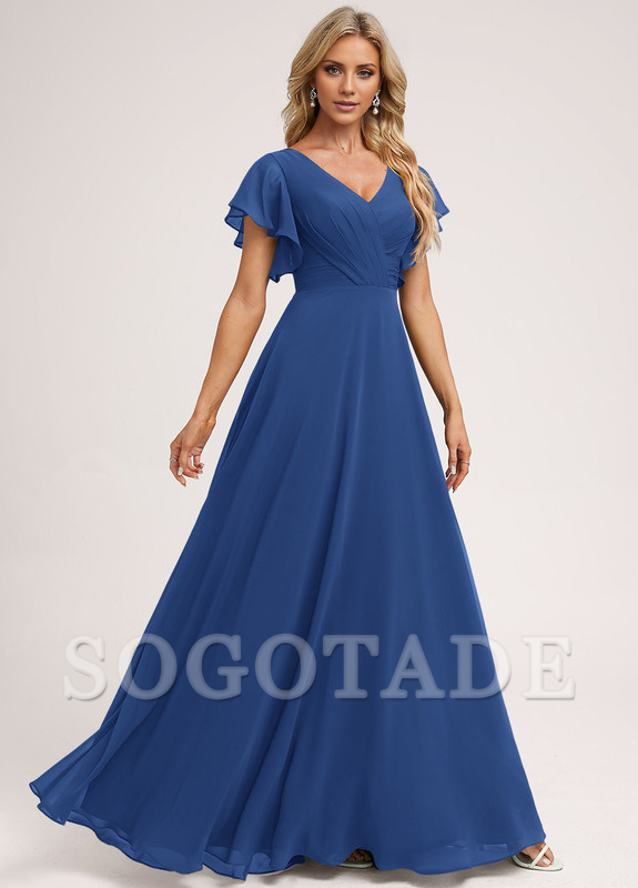Ruffle A-line V-neck and floor chiffon bridesmaid dress