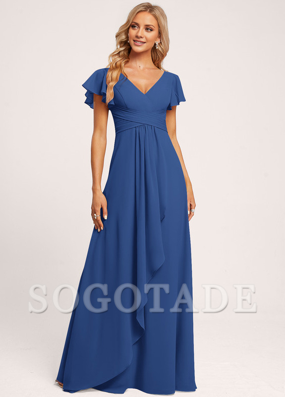 Ruffle A-line V-neck and floor chiffon bridesmaid dress