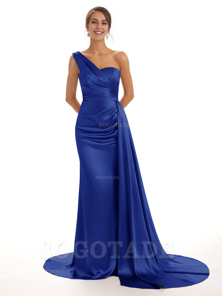 Elegant One Shoulder Soft Satin Unique Mermaid Long Bridesmaid Dresses Online prom dresses shops