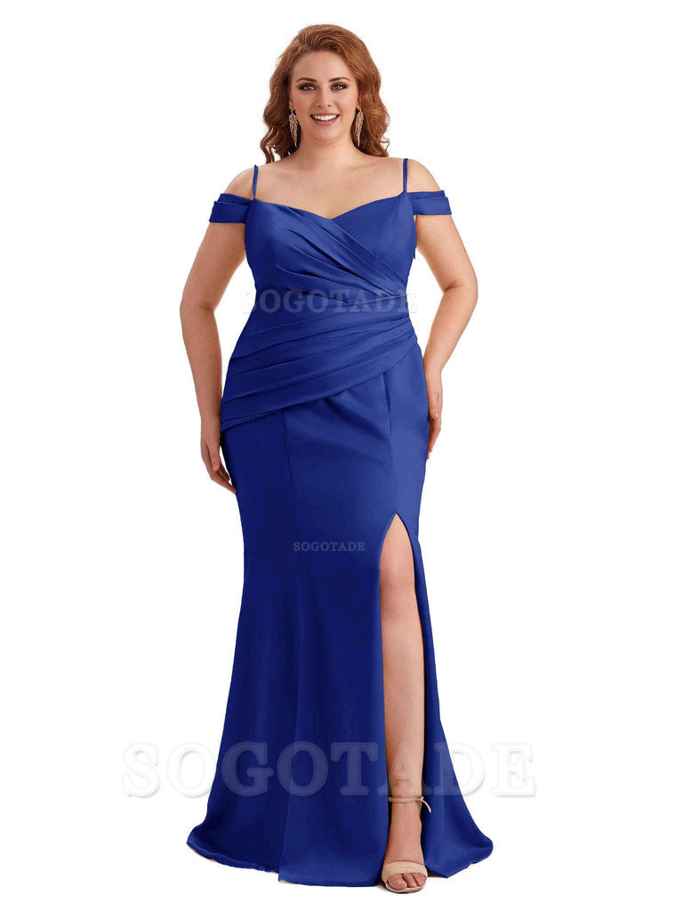 Elegant Cold Shoulder Side Slit Mermaid Soft Satin Long Plus Size Bridesmaid Gowns