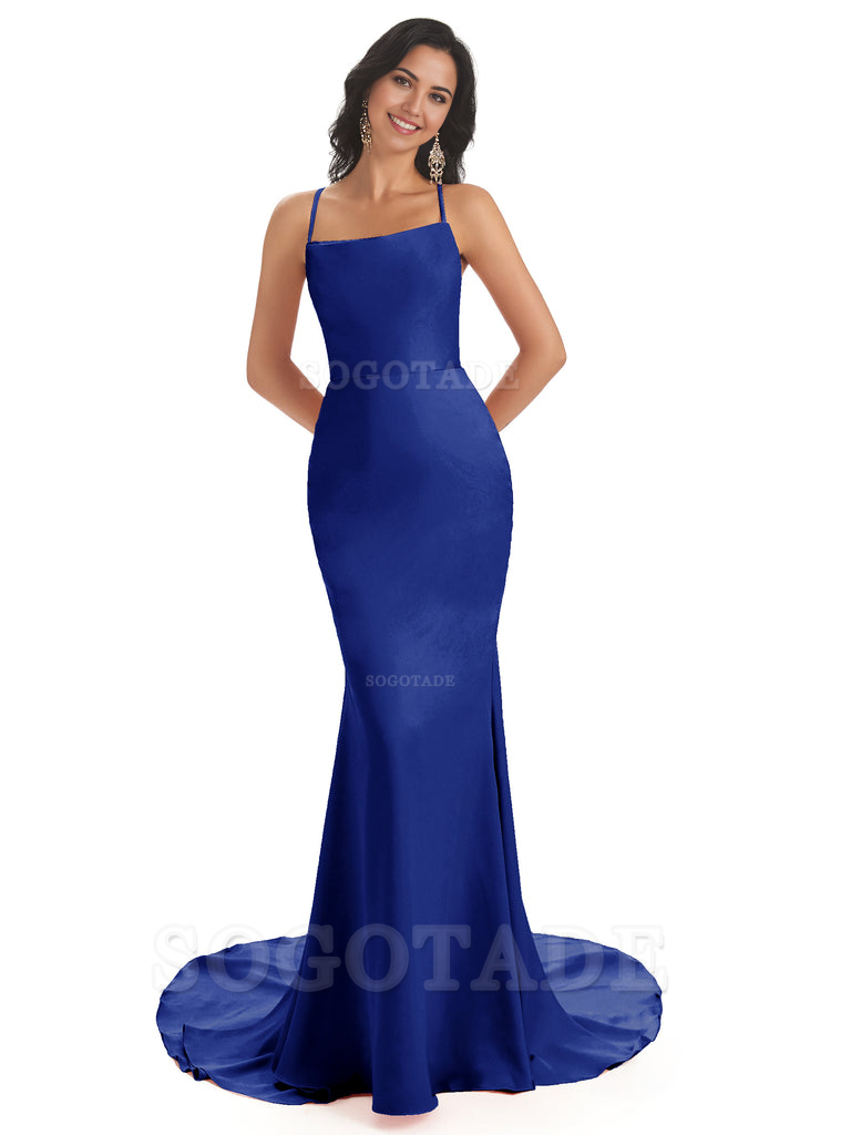 Mermaid Spaghetti Backless Straps Satin Long formal dresses evening gown Bridesmaid Dresses