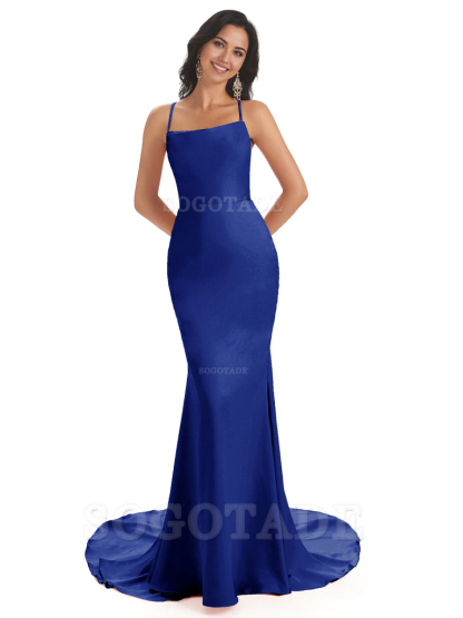 Mermaid Spaghetti Backless Straps Satin Long formal dresses evening gown Bridesmaid Dresses