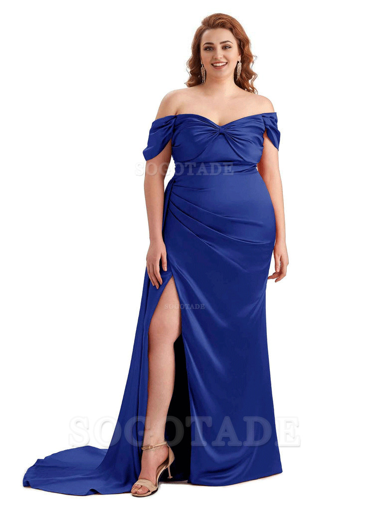  Sexy Side Slit Off The Shoulder Mermaid Soft Satin Long Plus Size Bridesmaid Dress For Wedding