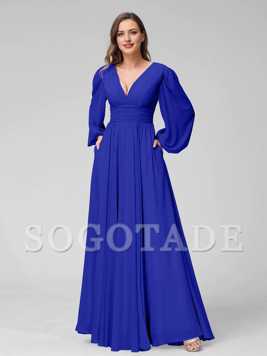 A-Line V-Neck Long Sleeves Long Chiffon Bridesmaid Dresses With Split Side Pockets