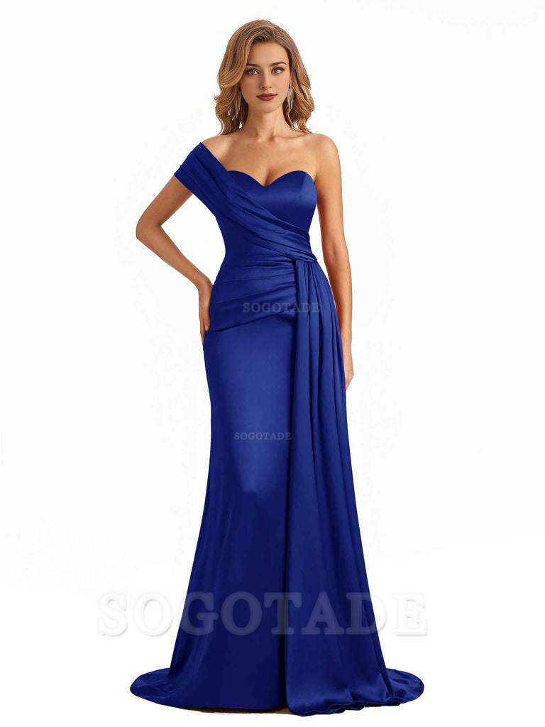 Elegant One Shoulder Soft Satin Long Mermaid Bridesmaid Dresses Online prom shop dresses ﻿