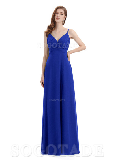 Chiffon V-Neck Spaghetti Strap Floor-Length Side Fork Long Bridesmaid Dresses Formal Women's Dresses Wedding Guests Dresses