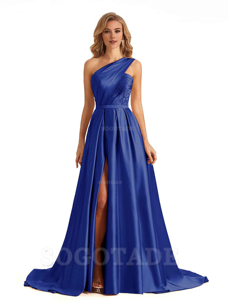 Sexy Side Slit One Shoulder A-Line Soft Satin Long Bridesmaid Dresses Online prom dress in store