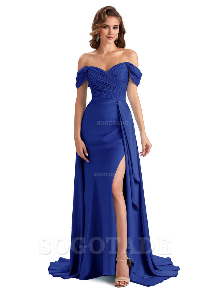 Sexy Side Slit Mermaid Soft Satin Off The Shoulder Long Unique Bridesmaid Dresses prom dress in store