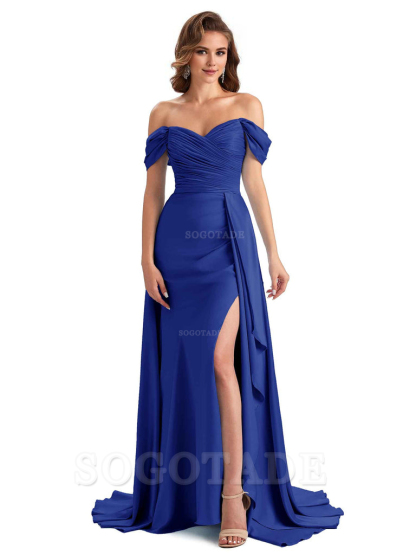 Sexy Side Slit Mermaid Soft Satin Off The Shoulder Long Unique Bridesmaid Dresses prom dress in store