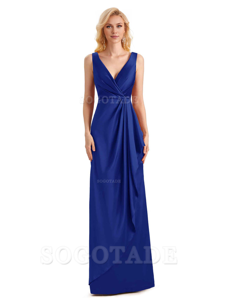 V Neck Elegant Soft Satin Formal Long Maid Bridesmaid Dresses Formal Wear Dresses