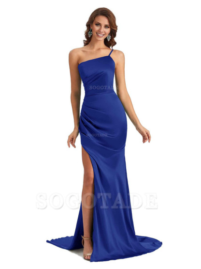 Sexy Silky Satin Side Slit One Shoulder Unique Long Wedding Guest Maxi Dresses