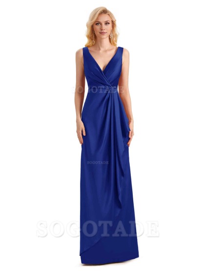 V Neck Elegant Soft Satin Formal Long Maid Bridesmaid Dresses Formal Wear Dresses