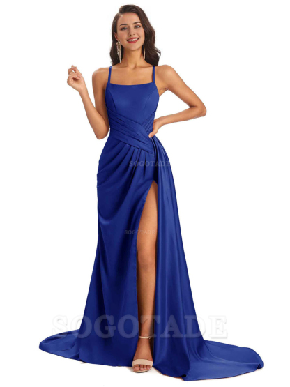 Sexy Soft Satin Side Slit Spaghetti Straps Long Maxi Bridesmaid Dresses prom shop dresses