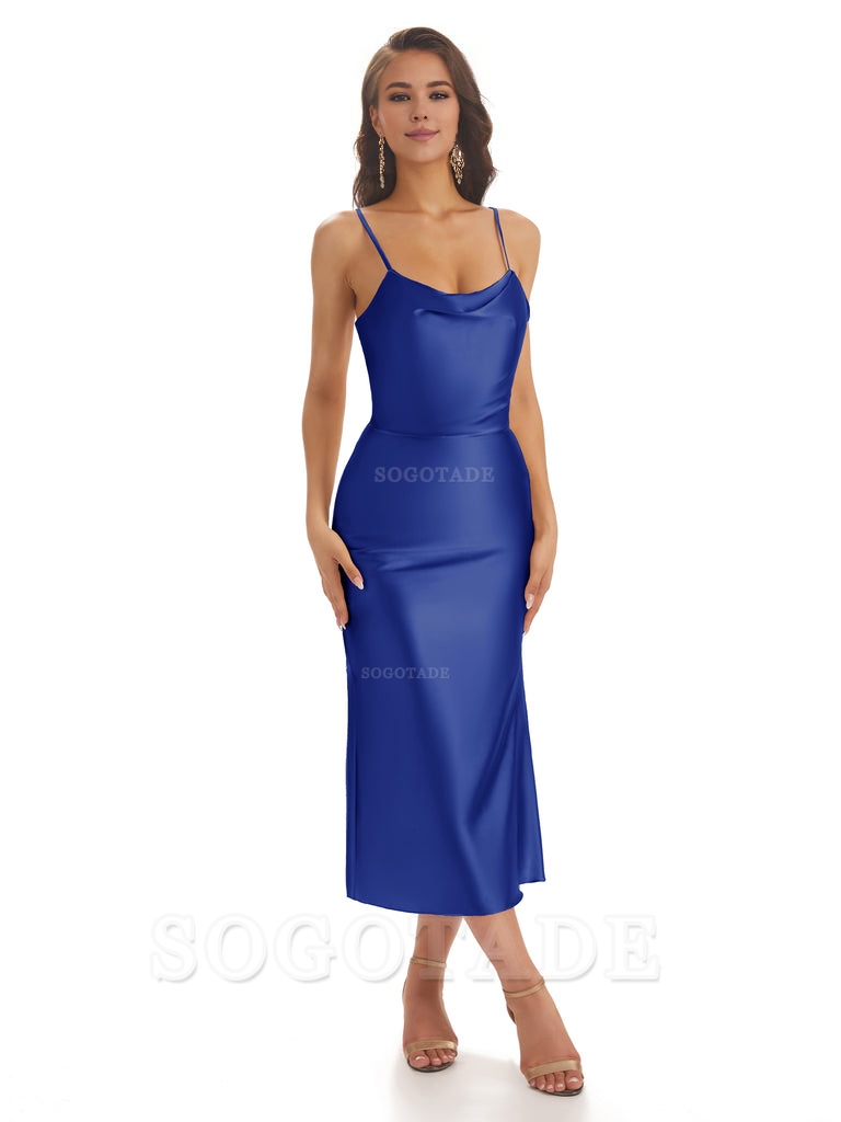 Sexy Soft Satin Spaghetti Strap Tea-Length Midi Short Bridesmaid Dresses prom shop dresses