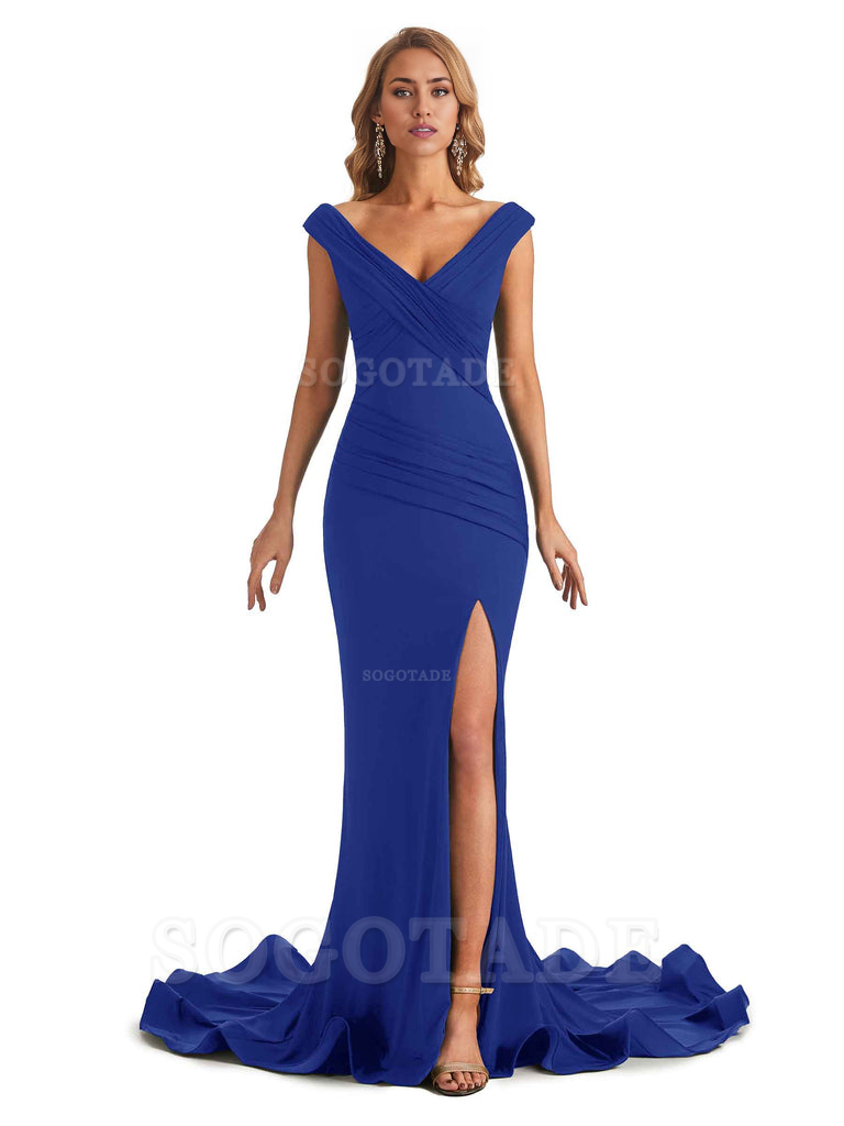 Sexy Mermaid V-Neck Off The Shoulder Side Fork Long Fashion Bridesmaid