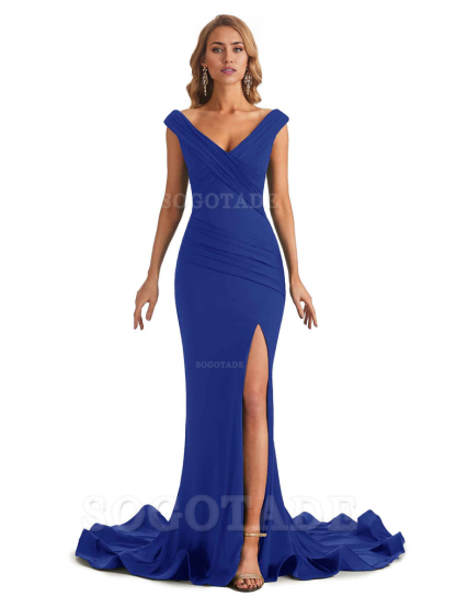 Sexy Mermaid V-Neck Off The Shoulder Side Fork Long Fashion Bridesmaid Dresses Formal Women's Dresses Wedding Guests Dresses