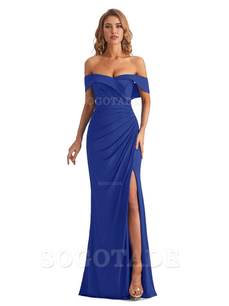 Sexy Mermaid Cultivate oneself Off The Shoulder Pleated Side Slit Long Bridesmaid Dresses Formal Women's Dresses Wedding Guests Dresses