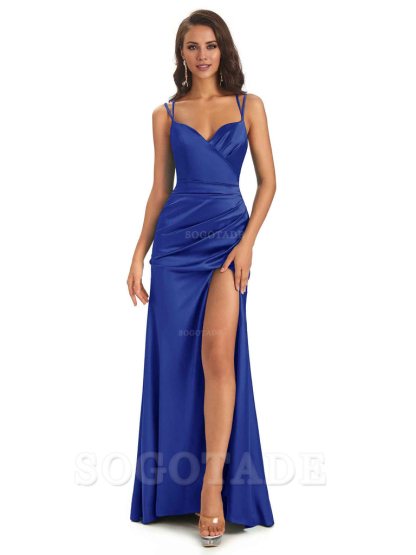 Sexy Soft Satin Side Slit Spaghetti Straps Long Maxi Mermaid Bridesmaid Dresses Elegant Evening Party Dress