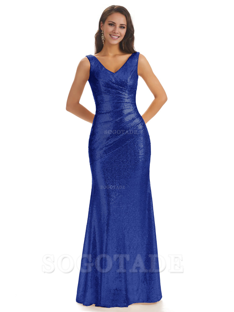 Sexy Sequin V-Neck Sparkly Long Mermaid Bridesmaid Dresses Charming Evening Party Dress