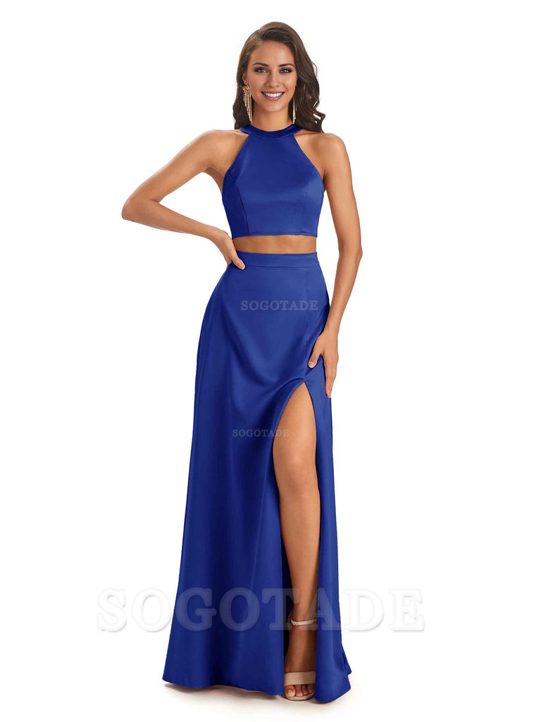 Soft Satin Two-Pieces Halter Side Slit Sexy Fashion Bridesmaid Dresses Charming Evening Party Dress