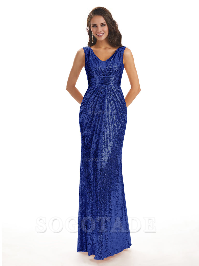 Sparkly V-Neck Sequin Long Mermaid Bridesmaid Dresses Sleeveless Charming Evening Party Dress