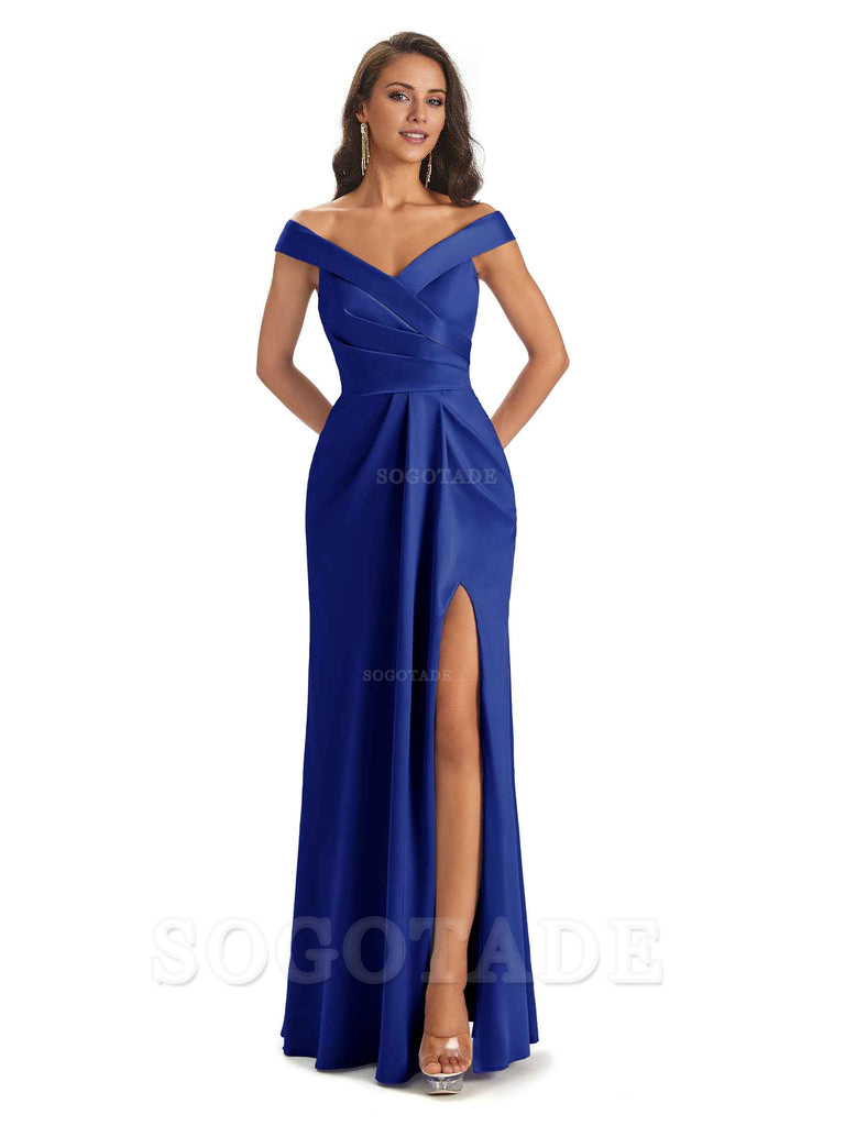 Sexy Soft Side Slit Off Shoulder V-Neck Long Satin Ladies Bridesmaid Dresses Elegant Evening Party Dress