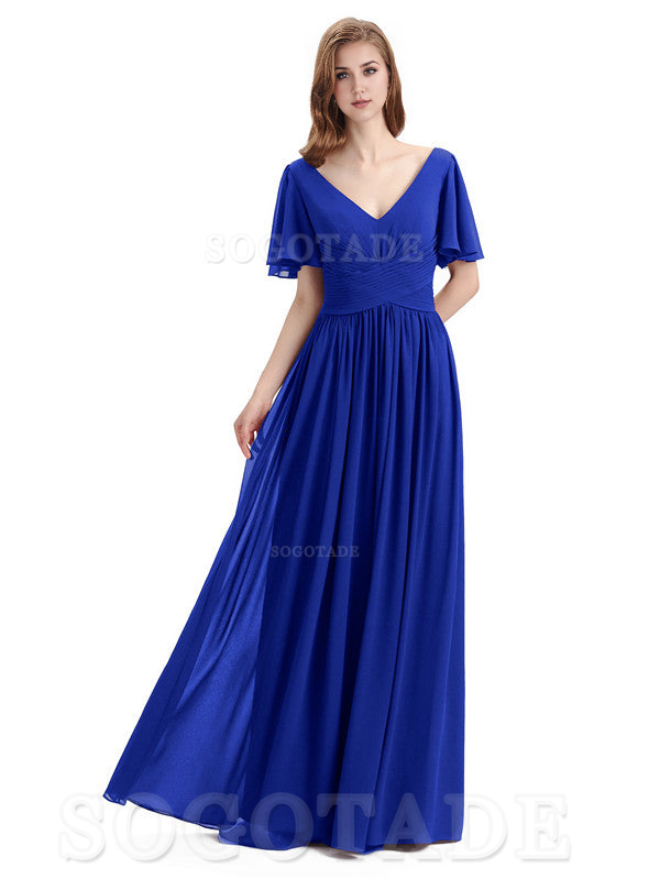 A-Line Chiffon Short Sleeves Elegant Floor-Length Bridesmaid Dresses Formal Women's Dresses Wedding Guests Dresses