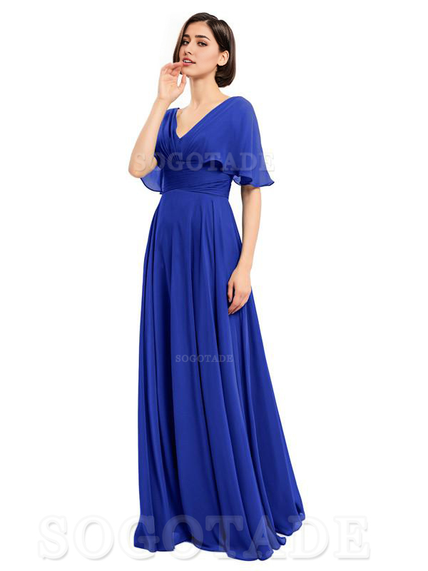  V-Neck Cap Sleeves Sleeves Chiffon Long Elegant Bridesmaid Dresses Formal Wear Dresses