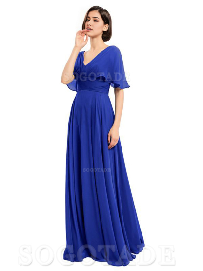  V-Neck Cap Sleeves Sleeves Chiffon Long Elegant Bridesmaid Dresses Formal Wear Dresses