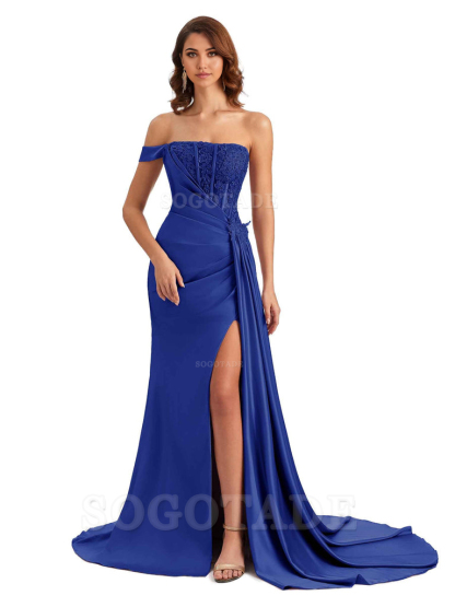 Mermaid Off Shoulder Applique formal dresses evening gown Bridesmaid Dresses With Side Slit 