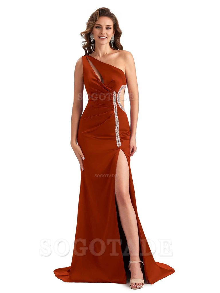 Sexy Side Slit Mermaid Soft Satin One Shoulder Lace Long Bridesmaid Dresses