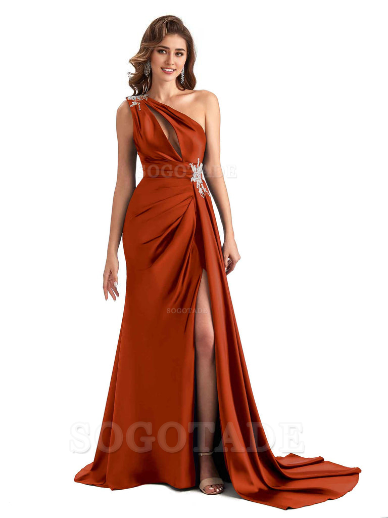 Sexy Side Slit Mermaid Soft Satin One Shoulder Lace Long Modern Bridesmaid Dresses