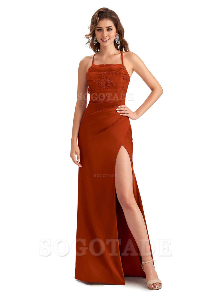 Sexy Side Slit Mermaid Lace Silky Satin Long Wedding Day Guest Dresses