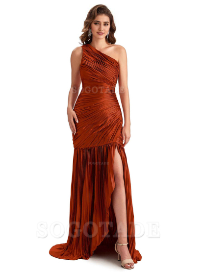 Sexy Side Slit Mermaid Soft Satin One Shoulder Long Ladies Bridesmaid Dresses Online