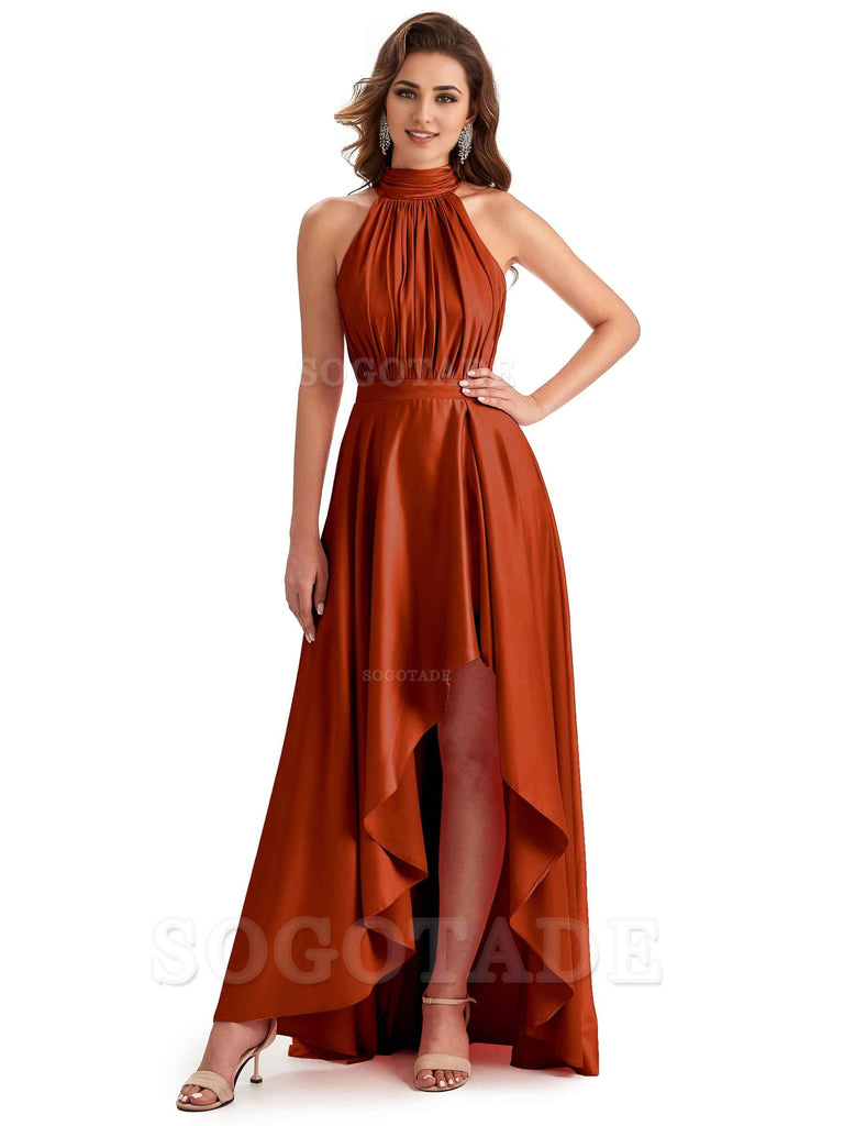 Soft Satin High Neck High Low A-Line Unique Bridesmaid Dresses Online