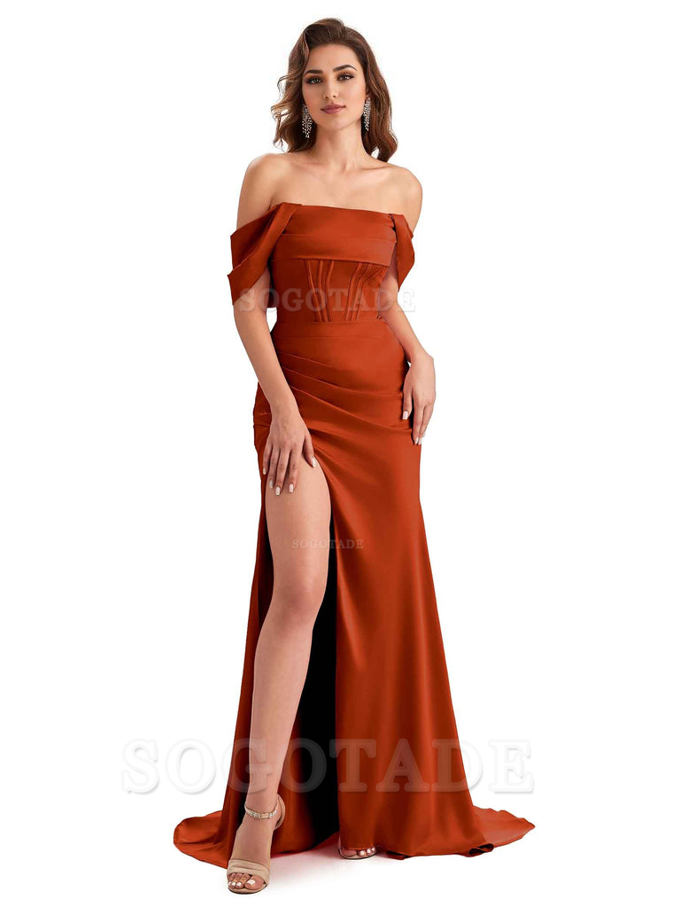 Sexy Side Slit Mermaid Soft Satin Off The Shoulder Unique Long Wedding Attendee Dresses