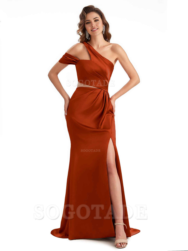 Sexy Side Slit Mermaid Soft Satin One Shoulder Long Unique Bridesmaid Dresses