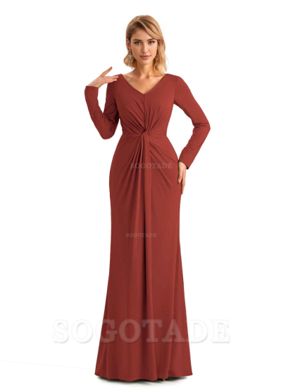 Elegant Simple Mermaid Pleats V-neck Long-Sleeves Floor Length Long Formal Bridesmaid Dresses