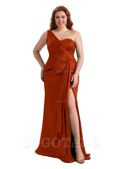  Sexy One Shoulder Side Hight Slit Mermaid Satin Floor Length Long Plus Size Bridesmaid Dress For Wedding