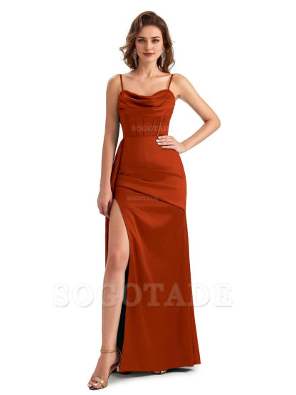 Sexy Side Slit Mermaid Silky Satin Spaghetti Straps Unique Wedding Guest Dresses
