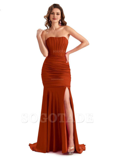 Sexy Strapless Side Slit Mermaid Silky Satin Formal Bridesmaid Dresses