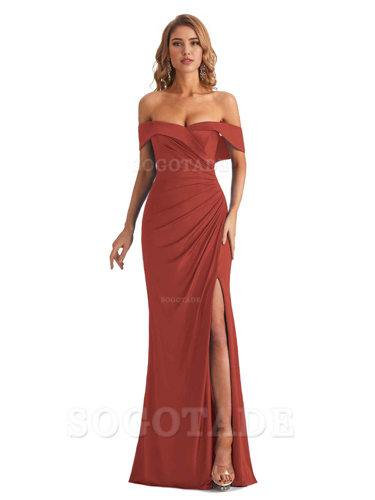 Sexy Mermaid Cultivate oneself Off The Shoulder Pleated Side Slit Long Bridesmaid Dresses Formal Women's Dresses Wedding Guests Dresses