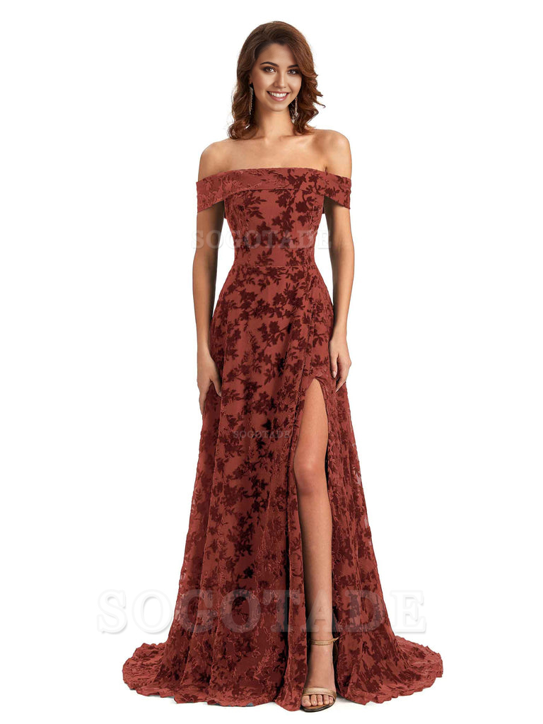 A-Line Off Shoulder Lace Velvet formal dresses evening gown Bridesmaid Dresses With Side Slit