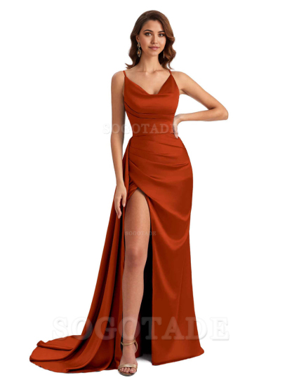 Mermaid Cowl Spaghetti Satin formal dresses evening gown Bridesmaid Dresses With Side Slit