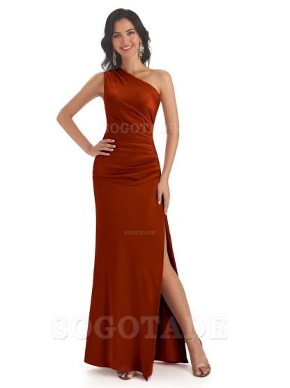 Mermaid One Shoulder Satin formal dresses evening gown Bridesmaid Dresses With Side Slit 
